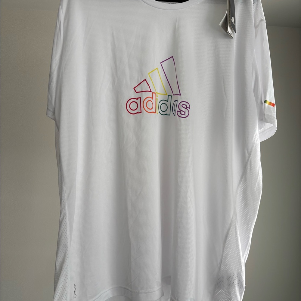 Adidas White Tee with Multicolor Logo
